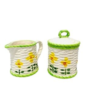 Vintage Hand Painted Sugar Bowl Creamer Set Flowers Made Japan MCM Schmid Design